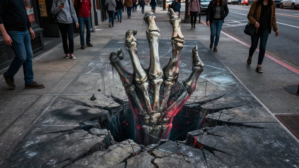 Mind-bending anamorphic chalk art on city sidewalk: enormous skeletal hand with elongated bony fingers bursting violently upward from underground, cra