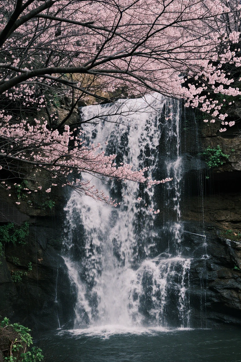 waterfall cascading through pink cherry blossoms