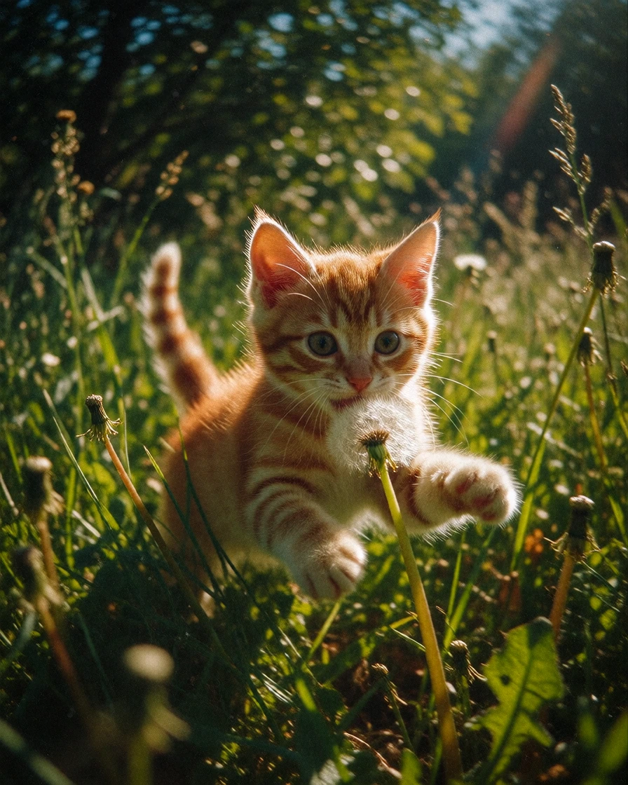 Ginger kitten pouncing on a dandelion in overgrown meadow grass, backlit by afternoon sun, casual phone photo with slight motion blur