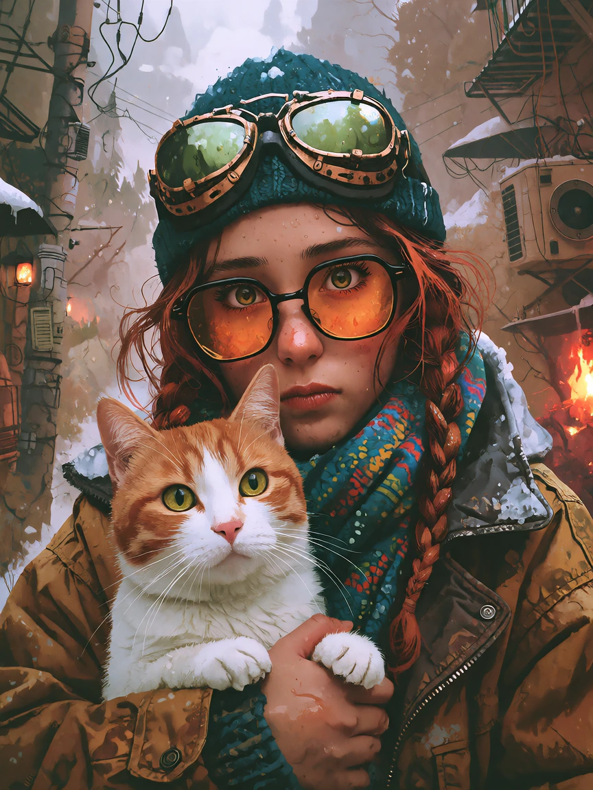 Beautiful woman and her cat, hipster art