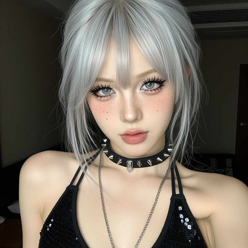 A striking portrait captures a person with platinum silver hair styled in an effortless updo with wispy bangs framing their face. Their pale complexio