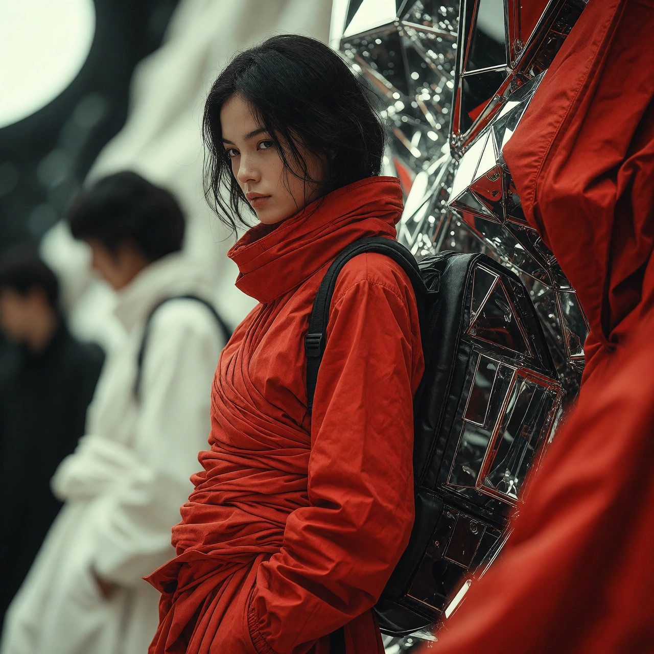 masterpiece, best quality, high quality, absurdres, very aesthetic, 8k. red, black, white, woman, angular, crystalline, loose clothes, wrapped, fabric texture, plastic, chrome, latex, dramatic, detailed, dynamic, cinematic, subject focus, depth of fi