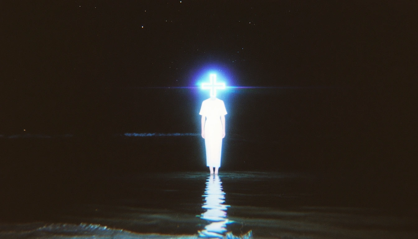 A solitary figure in white stands in shallow water at night, their head replaced by a glowing geometric symbol—a cross-like design radiating cyan and 