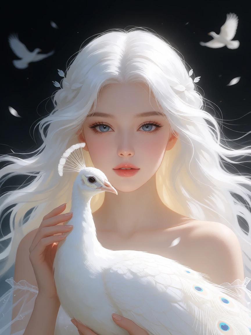 Beautiful woman white flowing hair with a white peacock