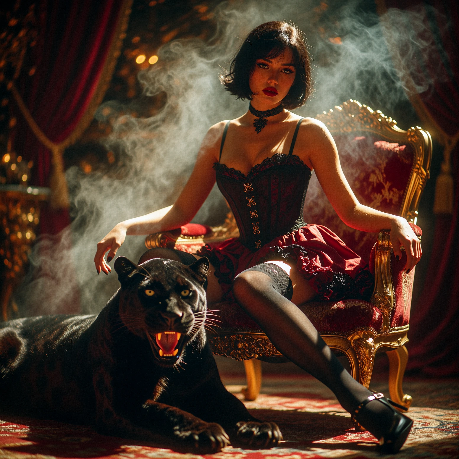 A cinematic portrait with a touch of melancholy, depicting an elegant young woman with a dark bob and red lipstick, sitting gracefully on a richly decorated vintage chair. She wears a black and dark red corset dress, complemented by a red ruffled ski