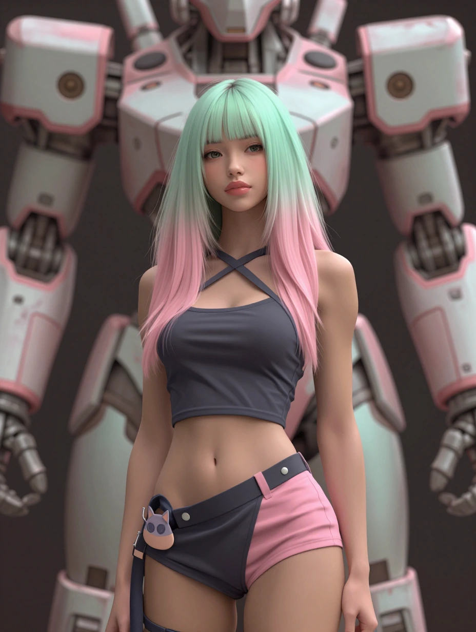 beautiful woman pastel green pink platinum ombre hair, with a cat, standing in front of a large mech, pastel acid-washed metal