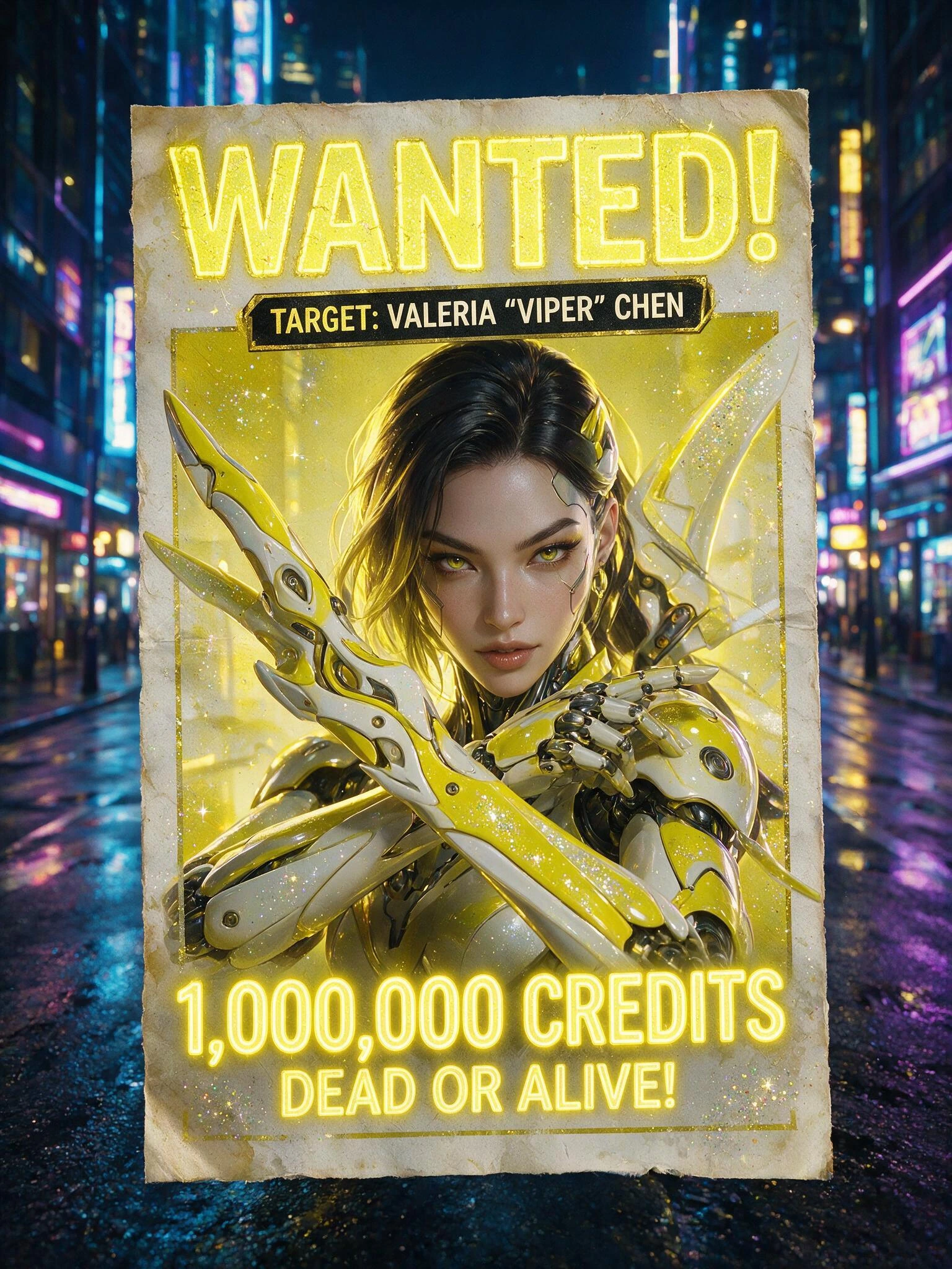 Cyberpunk Wanted Poster: Sleek Beautiful Female Cyborg Assassin, Colour Neon-Yellow and Ivory, Glitter, Enamelled Weapons, Eye contact, 1,000,000 Credits Bounty Dead or Alive!