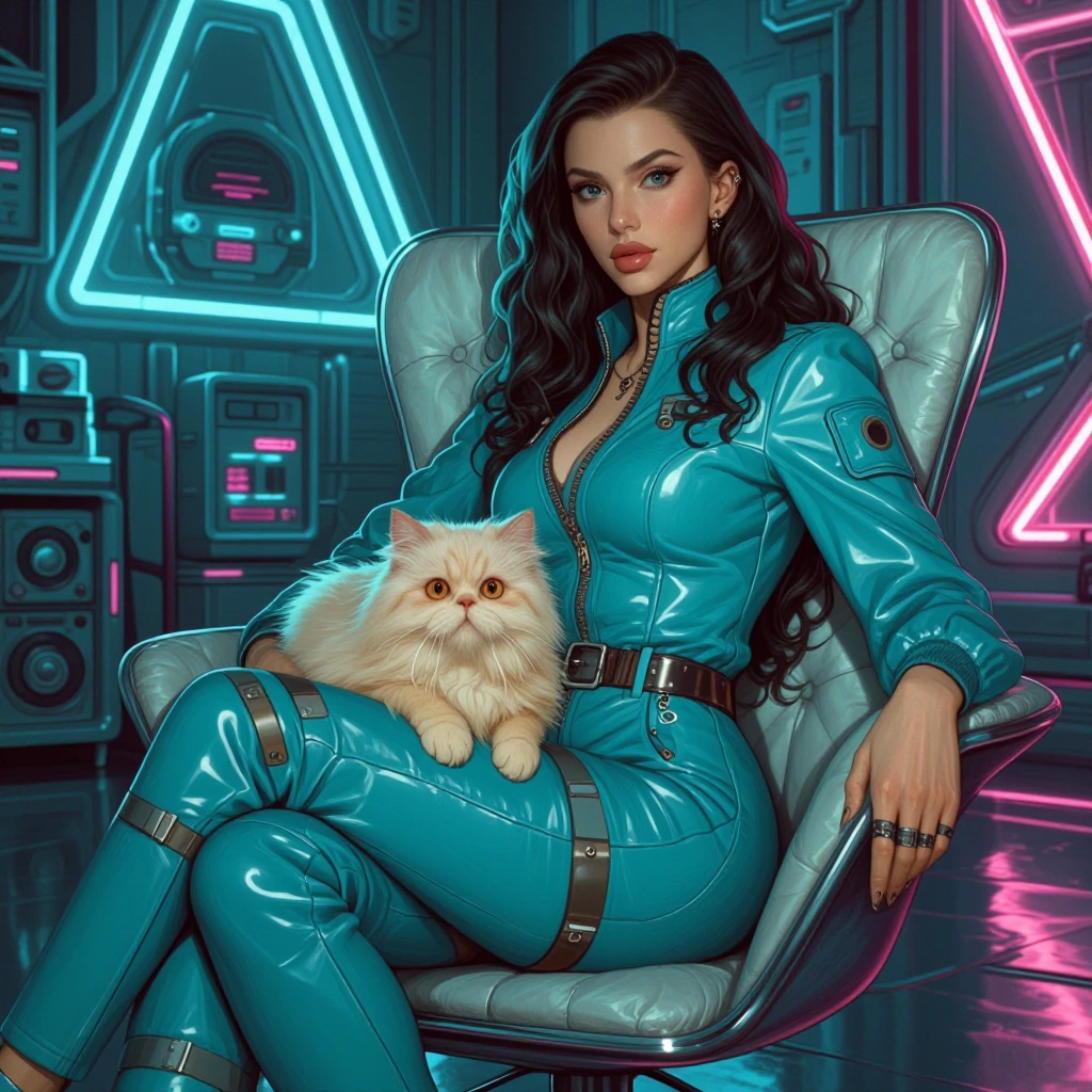 A poised woman in a turquoise atomic-age jumpsuit sits in a modernist chair with her cream-colored Persian cat on her lap, surrounded by glowing neon blue and pink geometric shapes, space-age interior