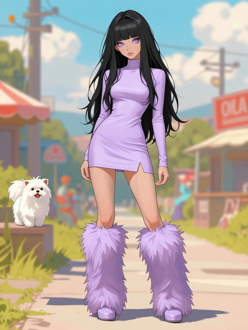 Woman, black lavender hair, lavender eyes, tall fuzzy boots, one Maltese, mini dress, colorful outdoor background, anime photography mixture, outline
