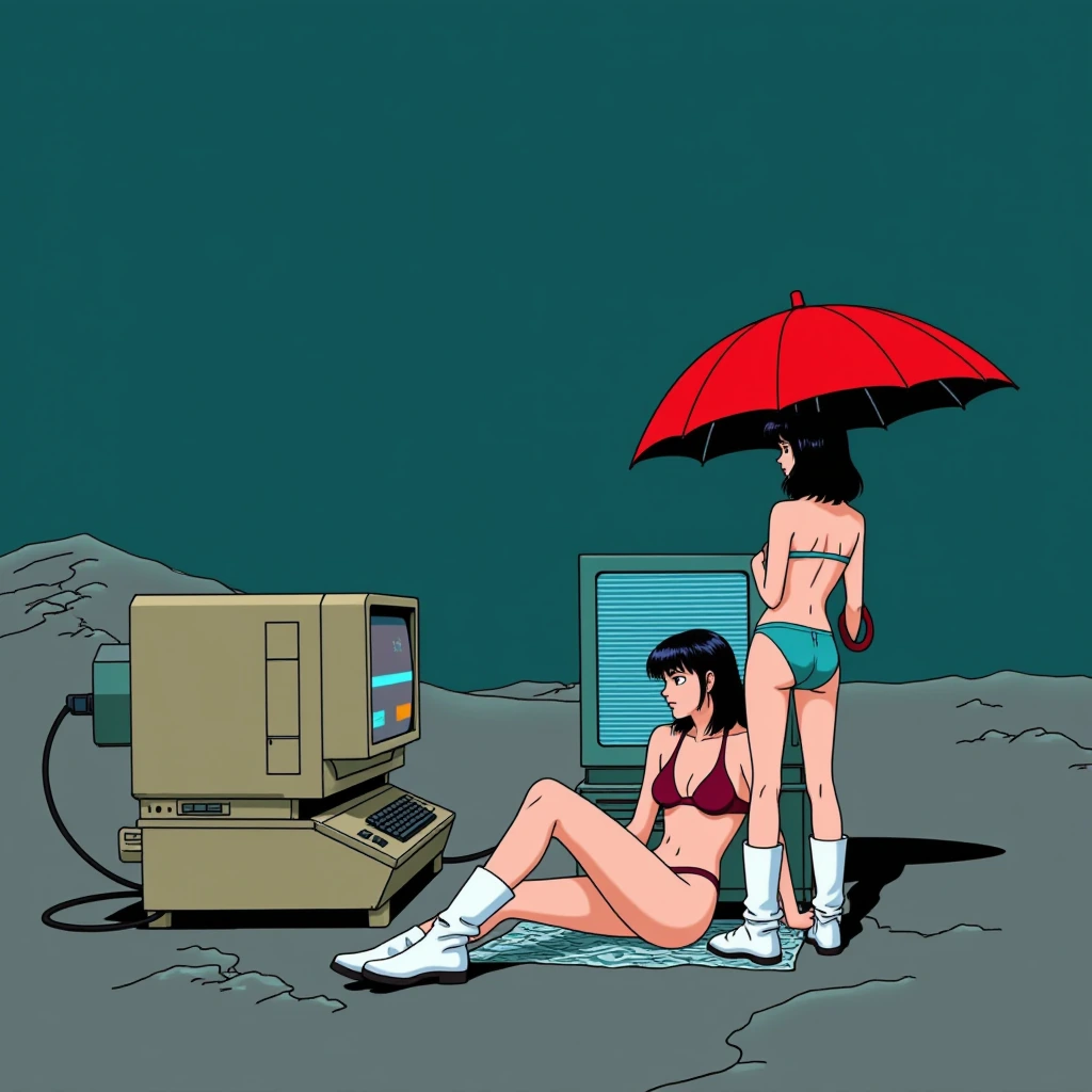 # Retro Digital Leisure A pixel art 1980s aesthetic scene depicts two figures in swimwear beside vintage computer equipment against a dark teal background. The seated woman wears a burgundy bikini with white boots, gazing at a glowing cyan monitor di