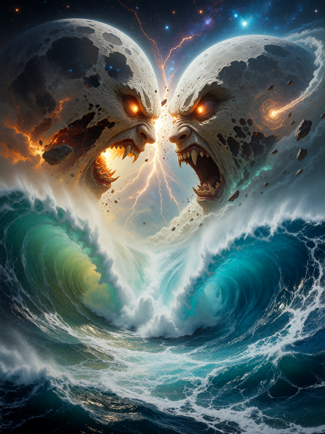 an immense surreal cosmic battlefield above a vast ocean. Two gigantic moons face each other like enraged celestial beings, actively attacking one another. Their cratered surfaces form terrifying expressive features: furious glowing eyes, jagged fiss