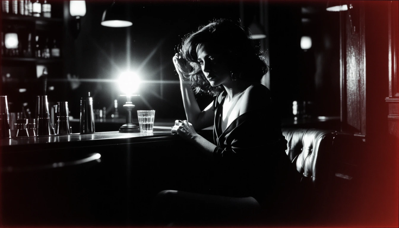 Portray a femme fatale sitting in a dimly lit bar as a still from a Neo-Noir film. Emphasize moody atmospheres with grainy textures and soft lighting. The scene should be primarily in black and white, enhanced by minimalistic usage of ruby red and eb