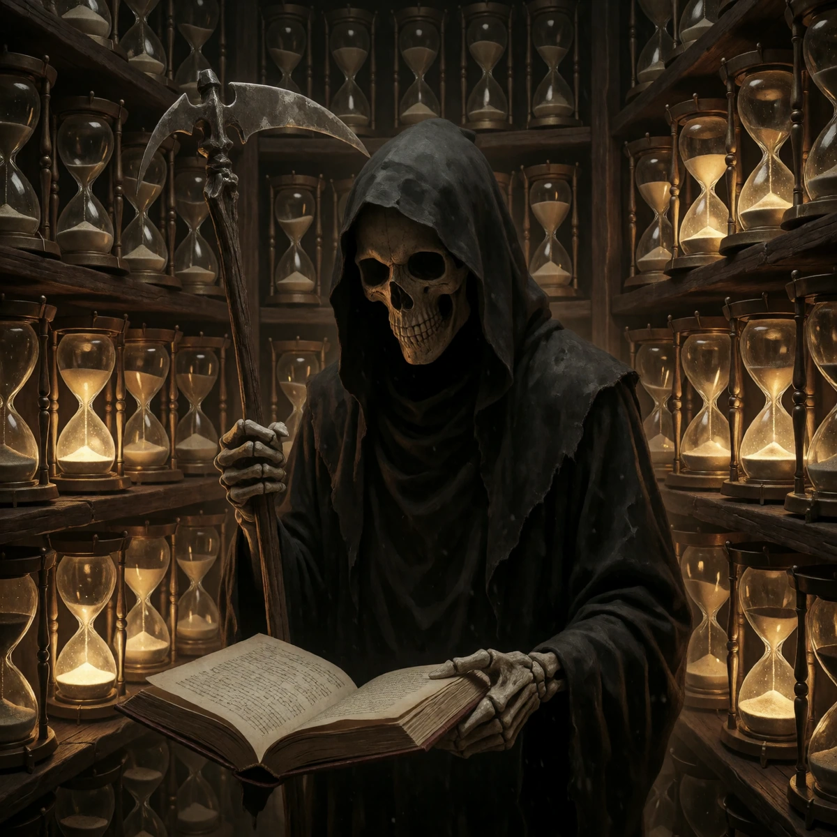 the room where echoes are stored; A Skeletal Organ played by the Grim Reaper surrounded by shelves of hourglasses, each hourglass vibrates with the echo of the life it represents.