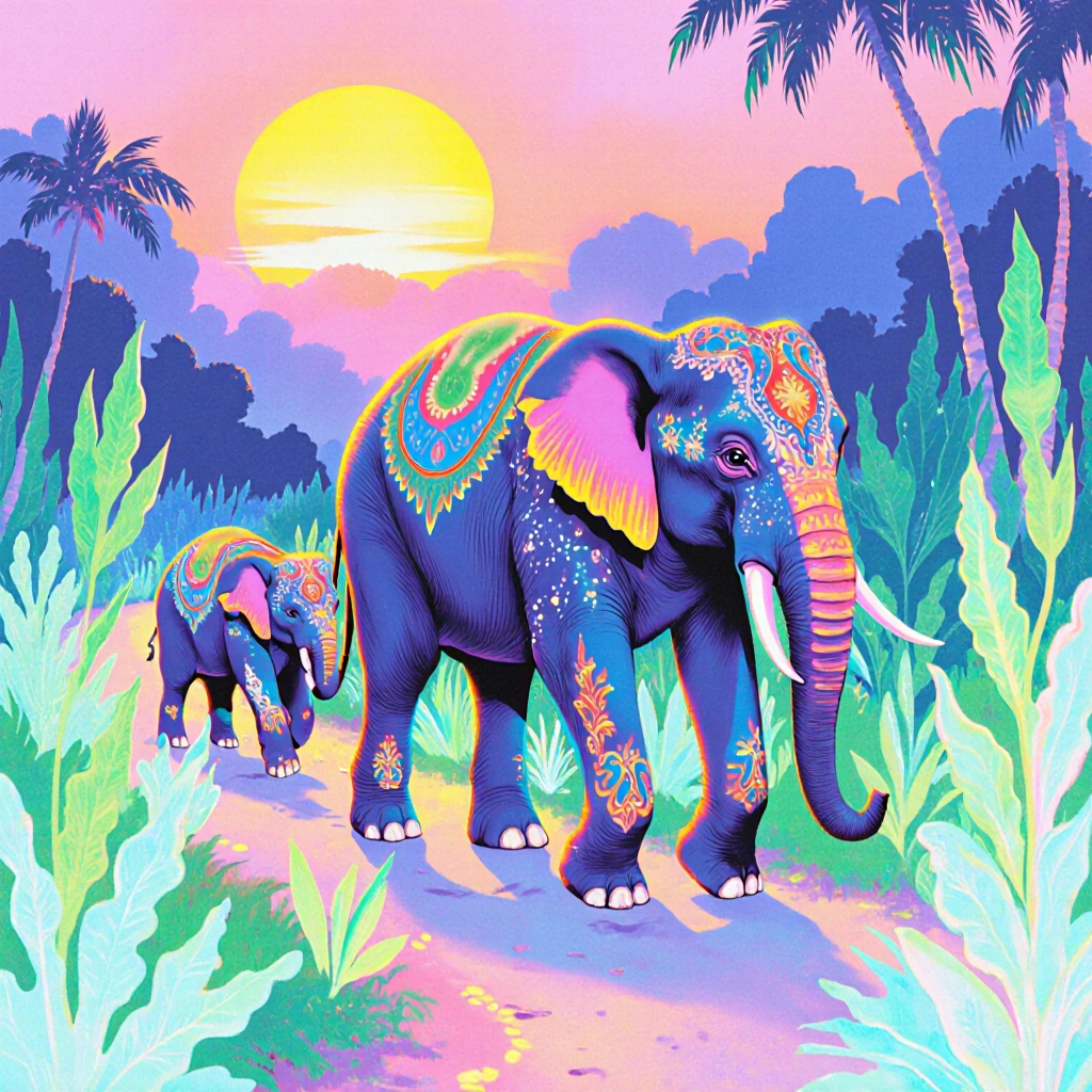 An elephant walking down a jungle path with a baby elephant calf walking behind holding onto its mothers tail with its trunk. wild growth of glowing p