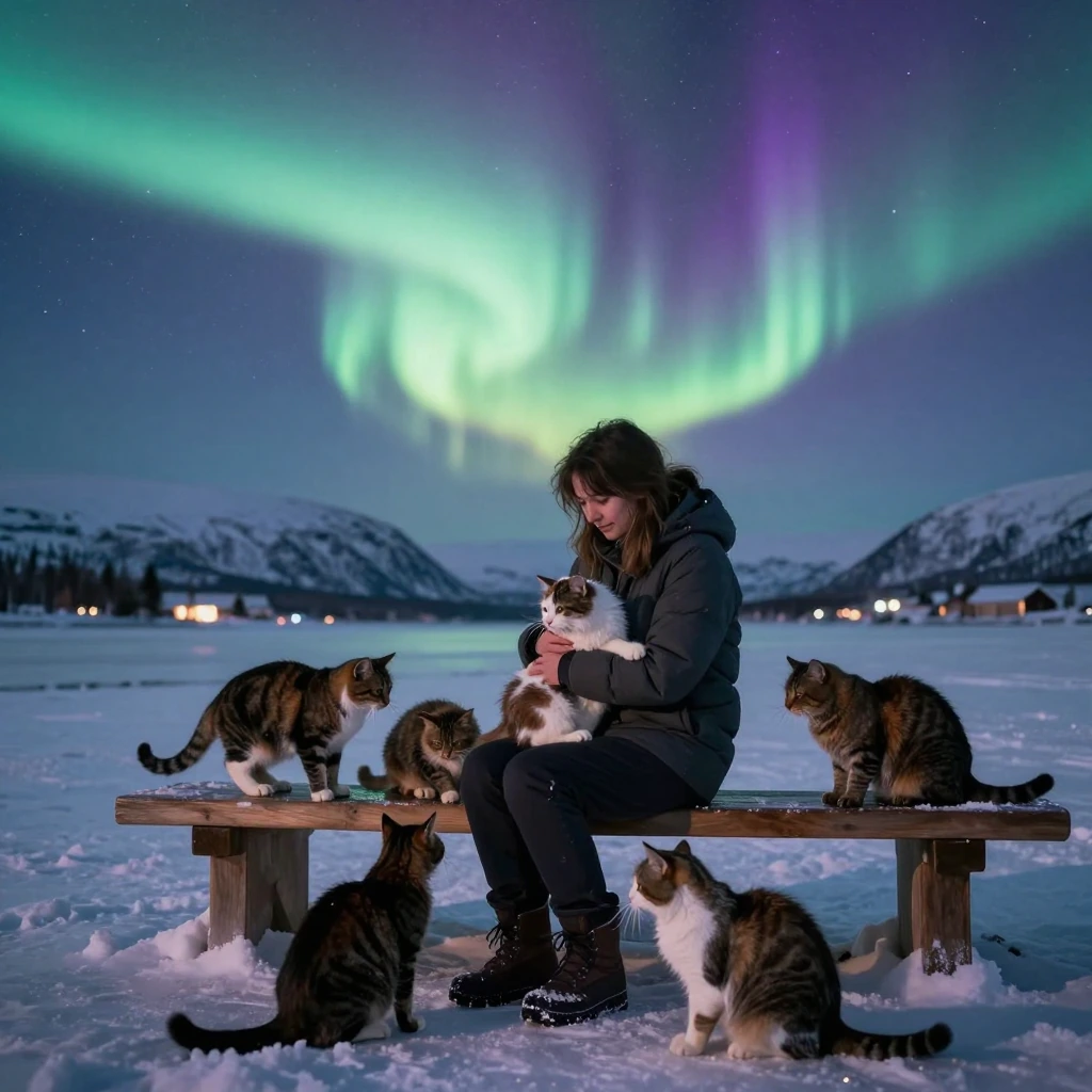 A woman sitting on a wooden bench with multiple cats gathered around her legs and in her arms, bathed in the soft glow of pale green and violet northern lights dancing over a frozen Nordic landscape at night.