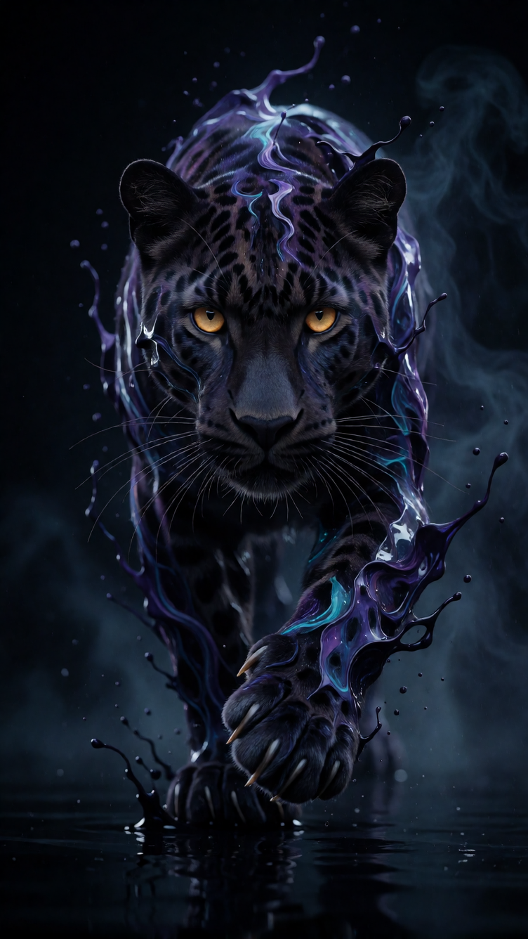 Ultra-detailed, hyper-realistic portrait of a black leopard composed entirely of swirling deep indigo, violet, and obsidian paint splashes and ribbons