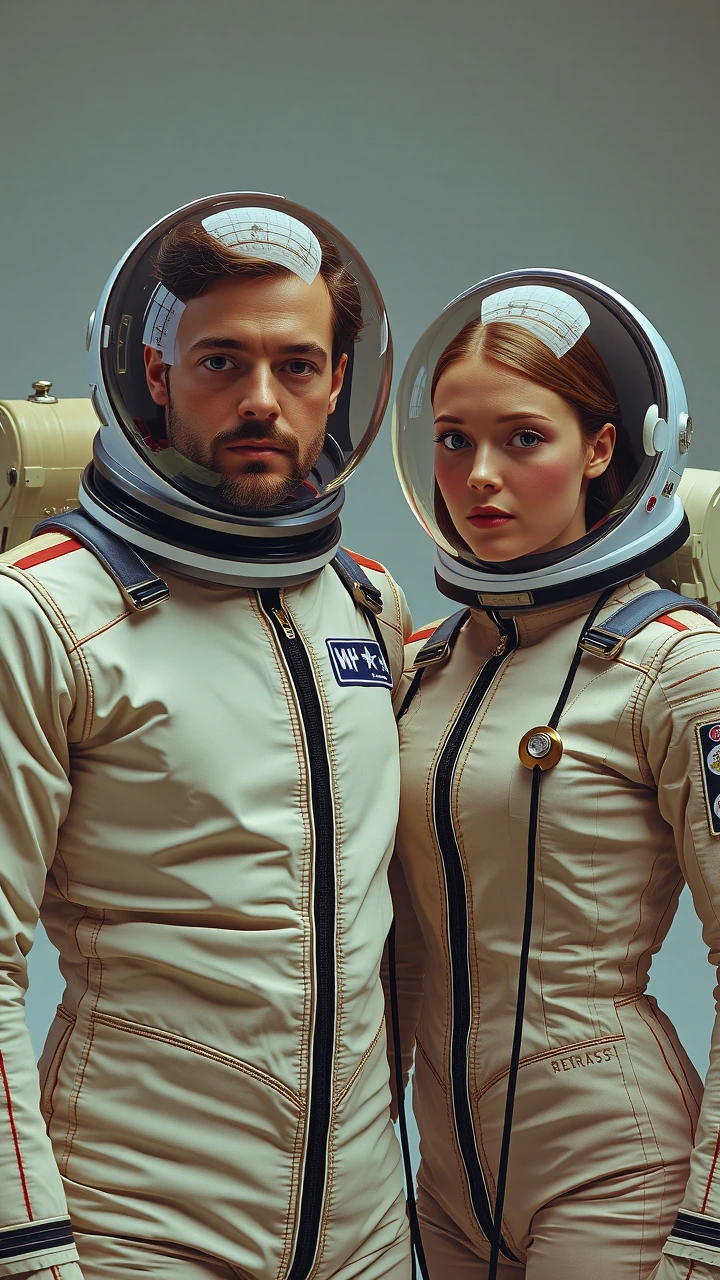 A striking studio portrait of a man and woman in detailed, weathered astronaut suits, conveying a sense of adventure and futuristic exploration.