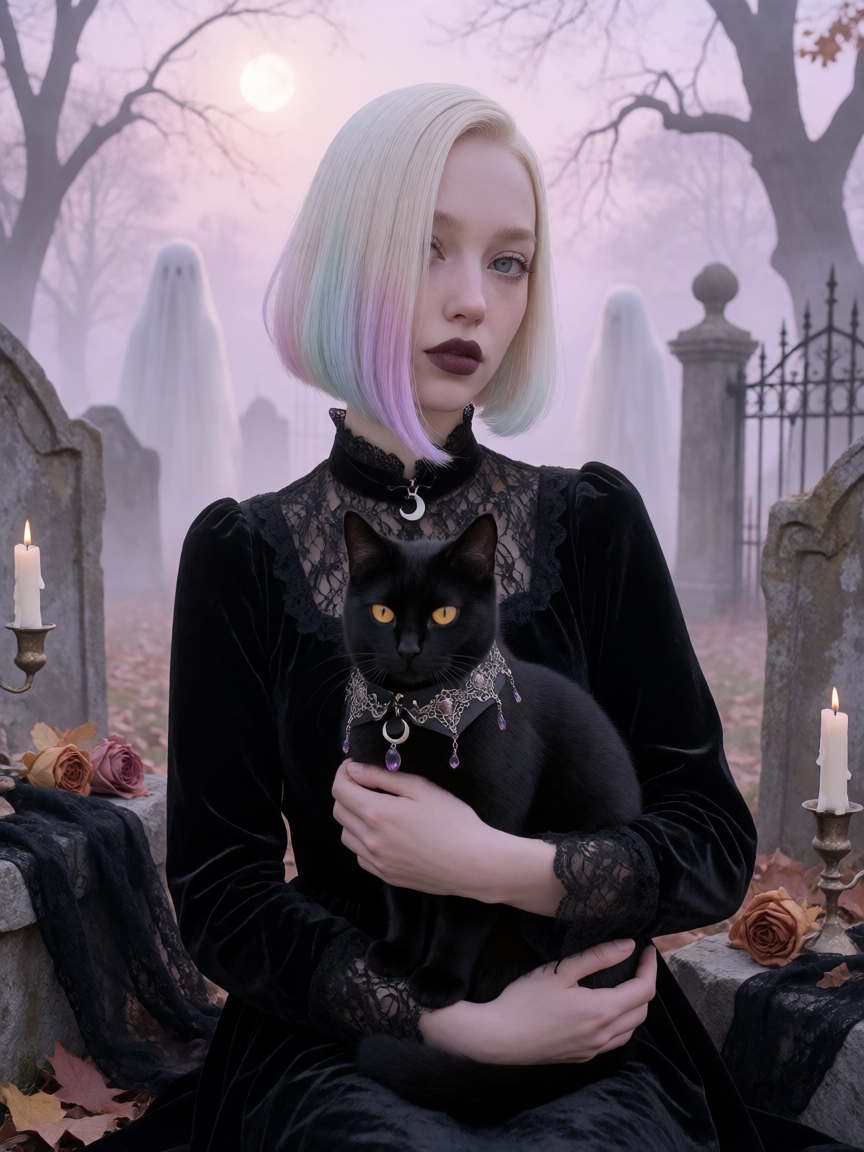 Dreamy, eerie portrait of a beautiful pale woman with a sleek platinum blonde angled bob, longer in front, the tips softly dyed in pastel lavender, mint and pink. She wears a black velvet gown with a high lace collar and dark lip, calm and slightly h
