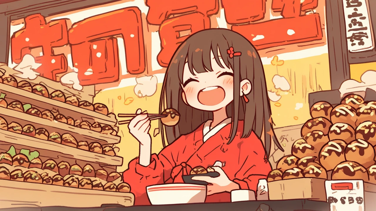 A stunningly beautiful young woman smiling radiantly as she holds a takoyaki with chopsticks.