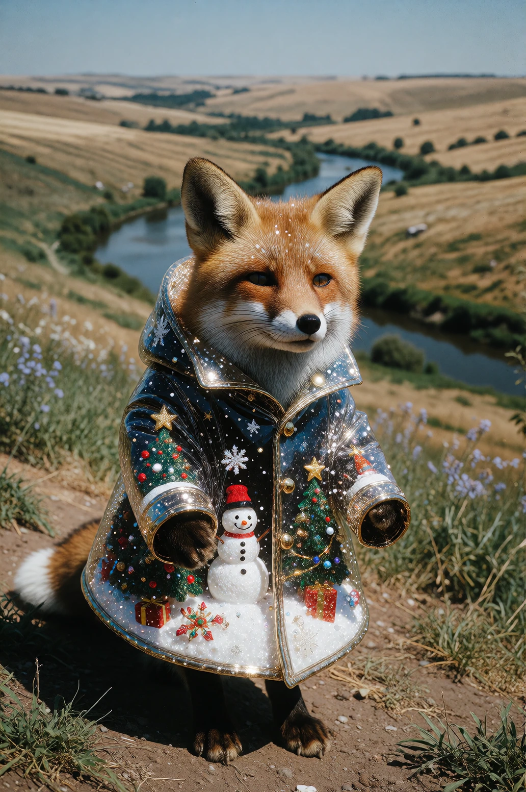 a fox wearing the winter like a coat; A Fox is wearing a coat that appears translucent containing a winter wonderland, snowmen, Christmas, etc... in the middle of summer to keep cool under the blazing August sun that has turned the once green English