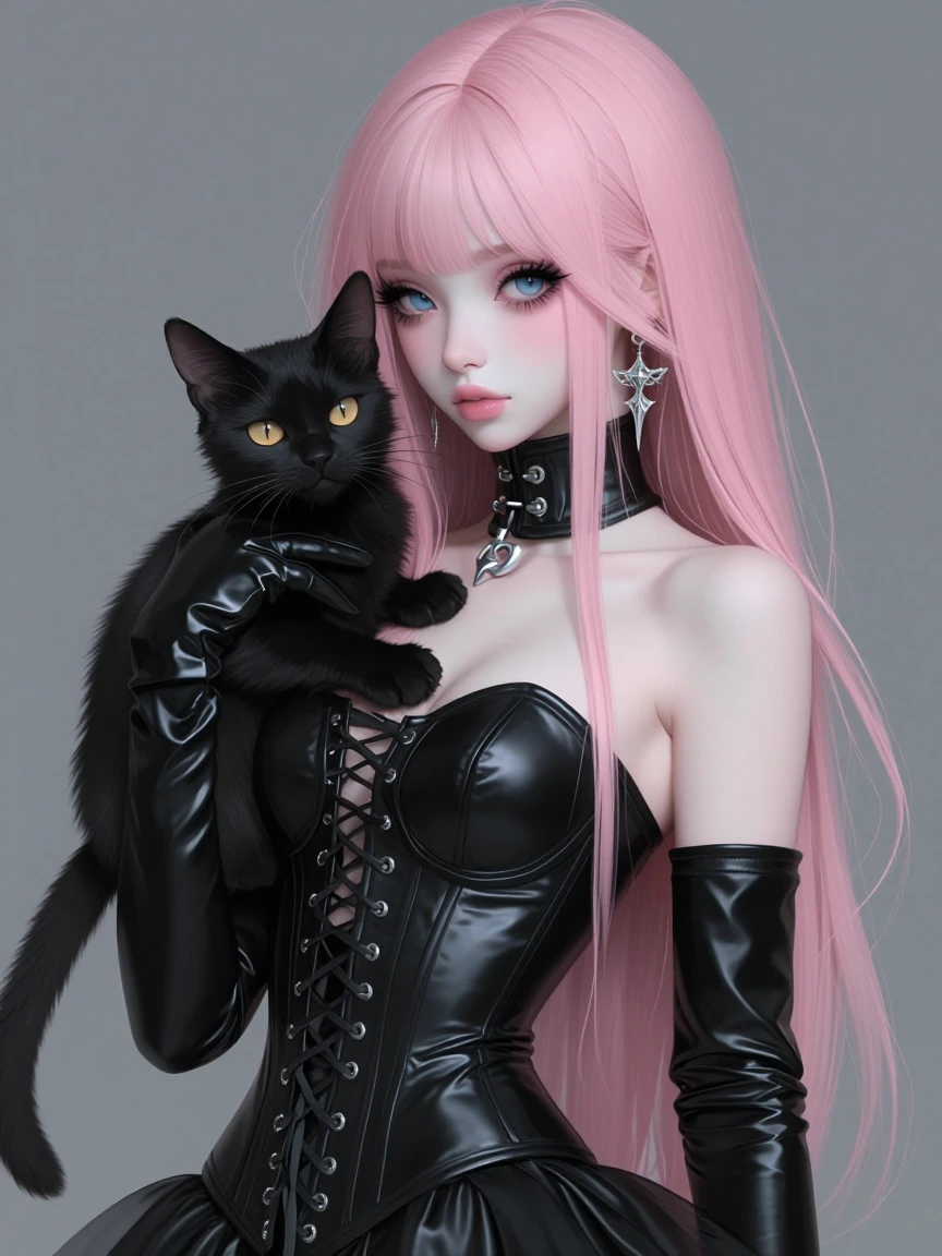 A striking figure with ethereal pink hair cascades down her porcelain face, framing blue eyes with dramatic lashes. She wears a black leather corset adorned with intricate lacing and a high collar. Long black gloves extend up her arms, gleaming with