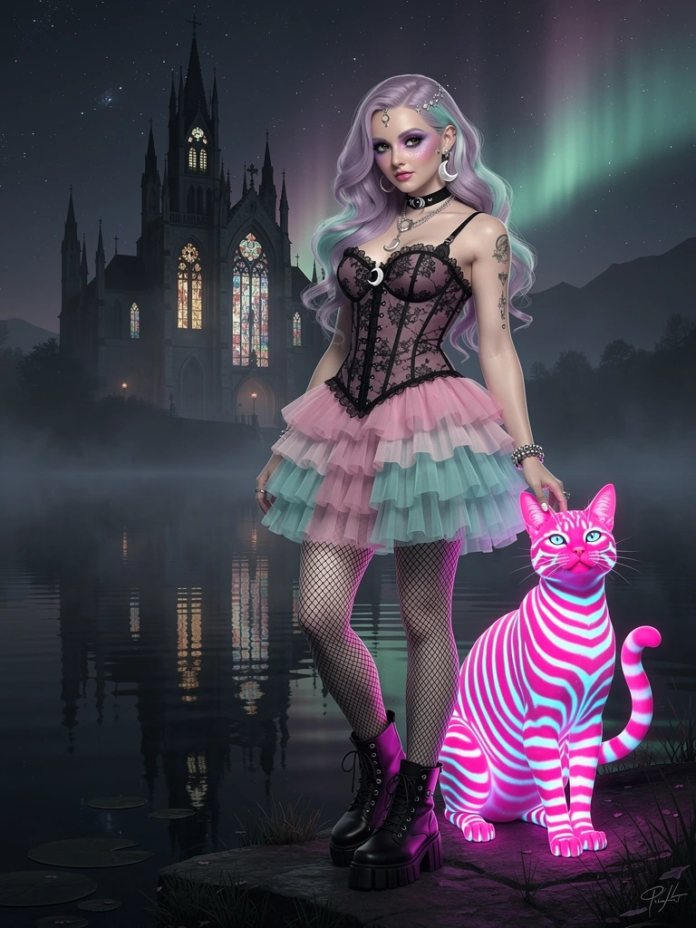 Pastel Goth, dark fantasy woman with a bright fuchsia blue neon striped cat, Gothic Castle, Lake scene
