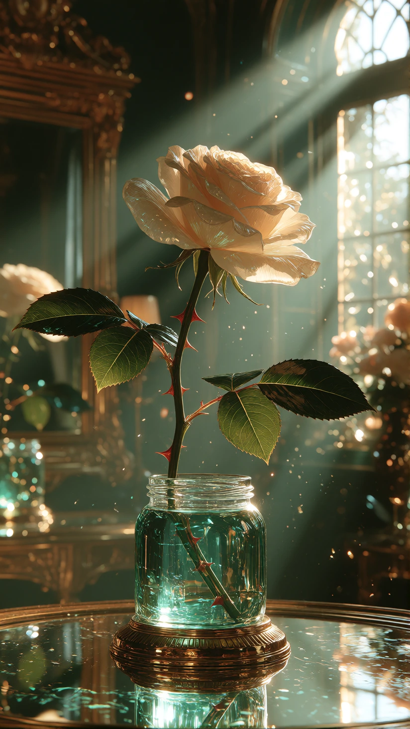 Realistic emerald glass like rose and thorny stem on a brightly well lit stand surrounded by mirrors