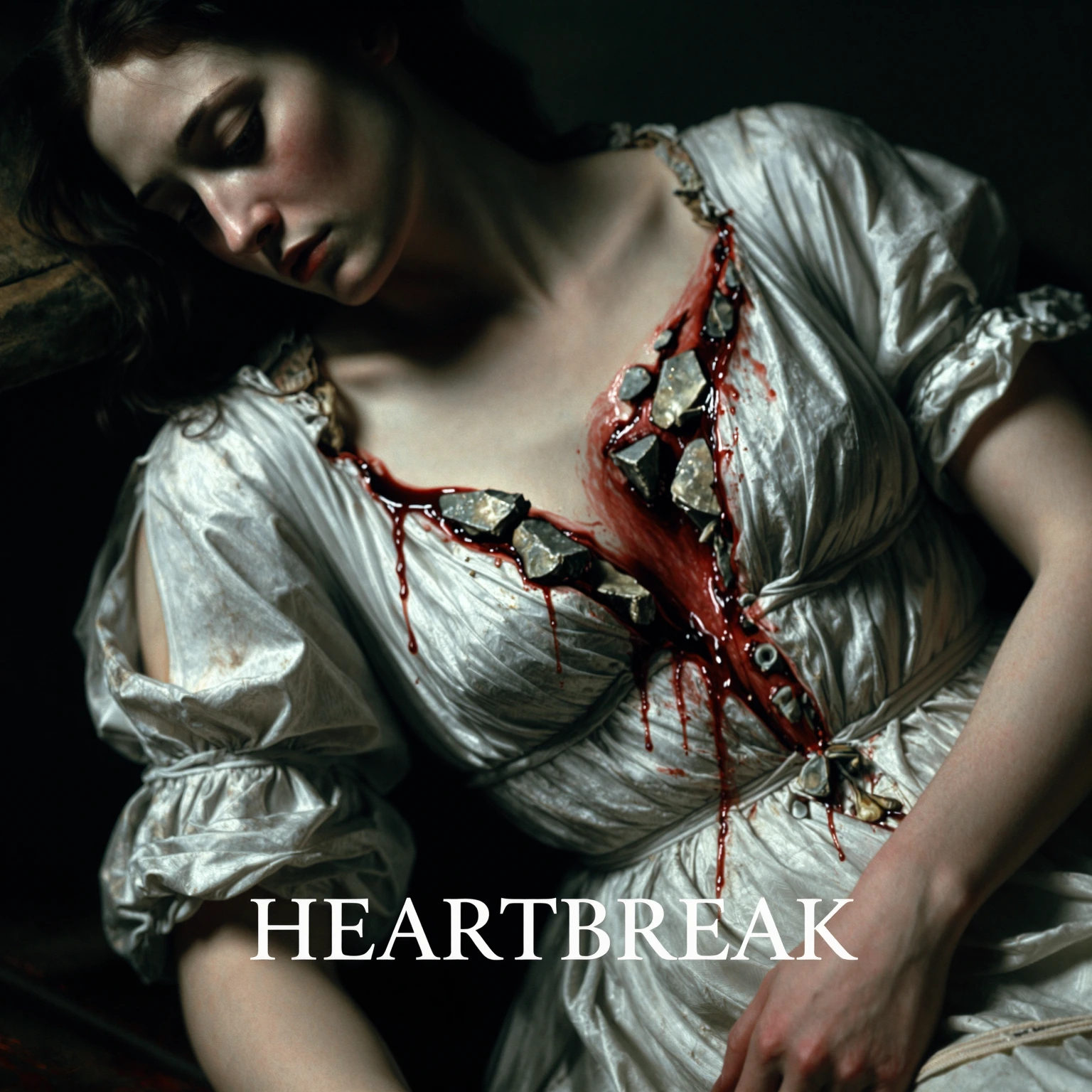 A dark, visceral oil painting of a female figure from a three-quarter perspective, dressed in a ruined, blood-stained white dress. The style is reminiscent of Renaissance and Victorian aesthetics, with a strong emphasis on chiaroscuro lighting. The c