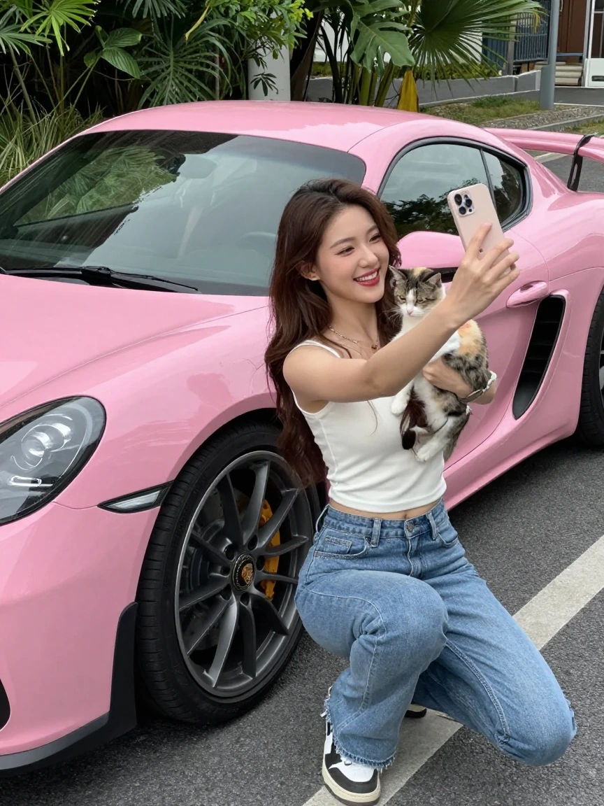 Crazy girlfriend, taking a selfie with her cat by her pinkPorsche 911 GT4