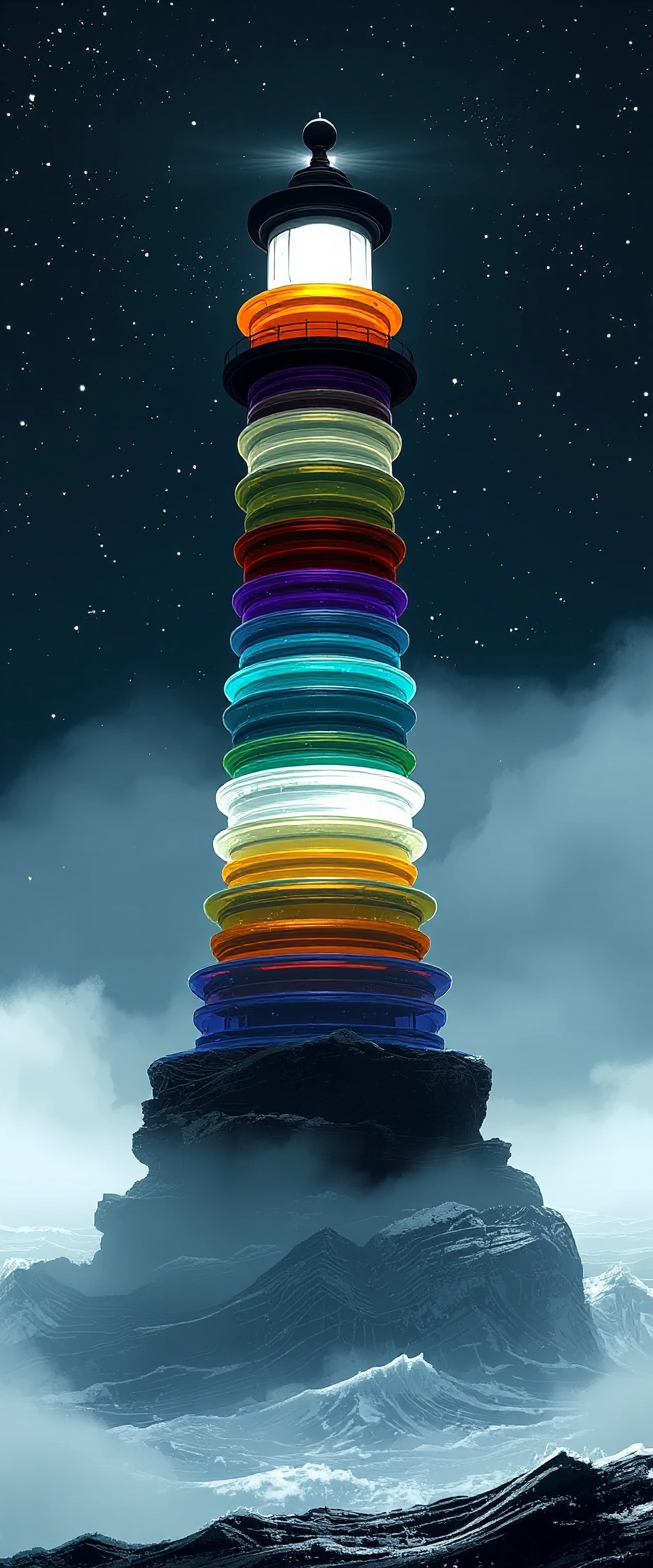 Rises from a churning obsidian sea, a lighthouse constructed entirely from visible sound waves — concentric rings of frozen frequency stacked into a towering cylindrical form, each layer a different resonant color shifting from deep subsonic violet a