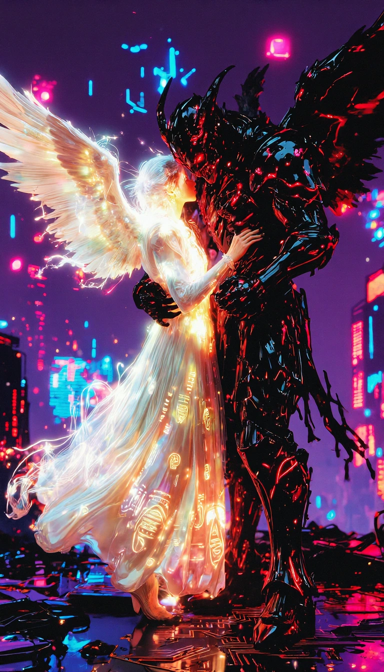 A breathtaking masterpiece of digital art, born of high fantasy, set in a dark, neon-drenched cyberpunk universe. A radiant, ethereal female angel, with immense luminous white wings, is tenderly embraced by an imposing and menacing demon clad in dark