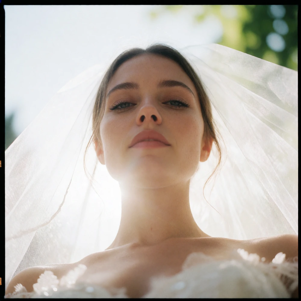 woman, crazy extreme low angled shot from below, overexposed, damaged film, bridal veil