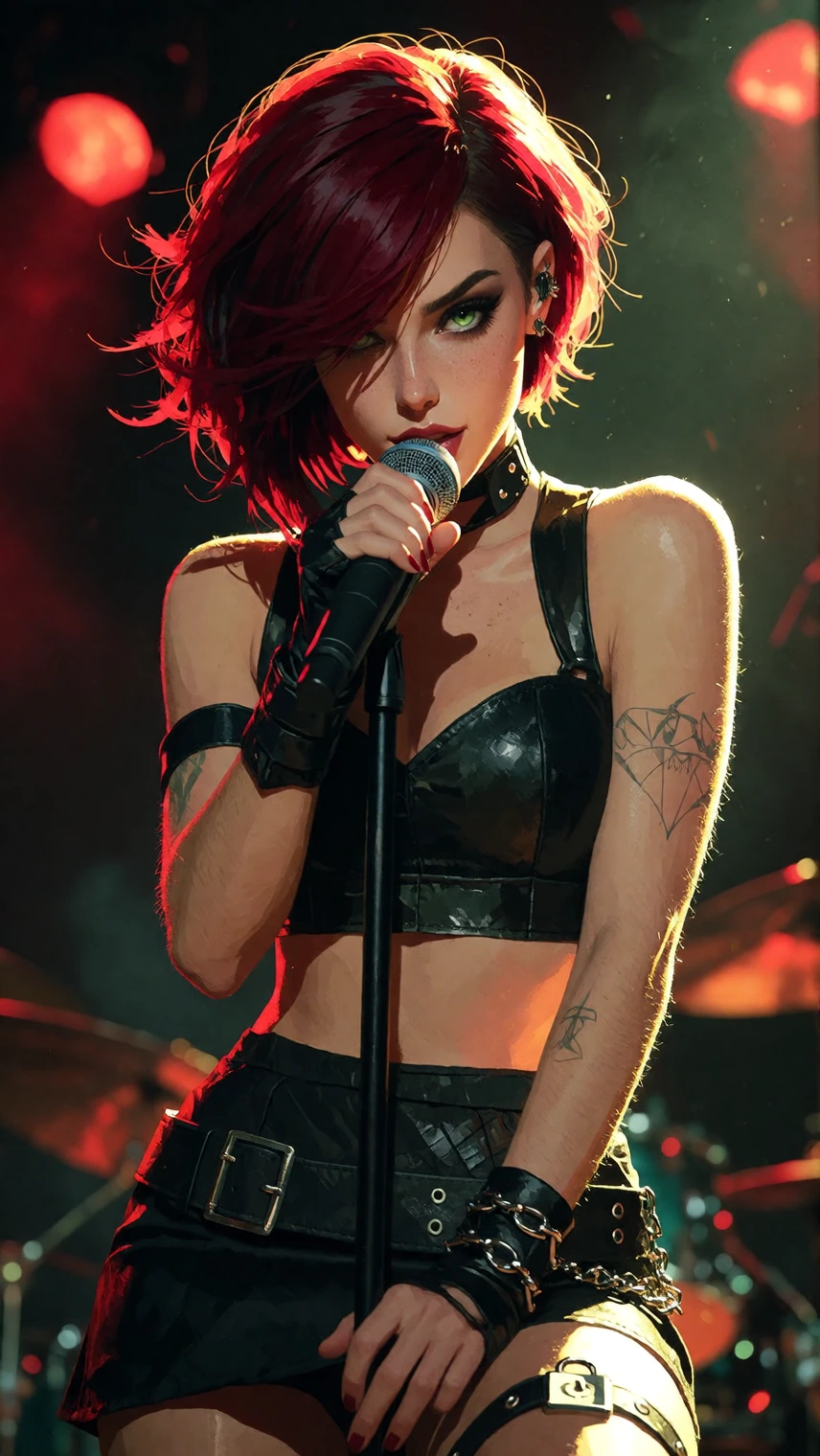 Masterpiece, best quality, ultradetailed digital illustration, photorealistic rendering, extremely sharp details, realistic skin texture with subtle pores, intense specular highlights, cinematic composition. Red Fever as a rock singer, midperformance