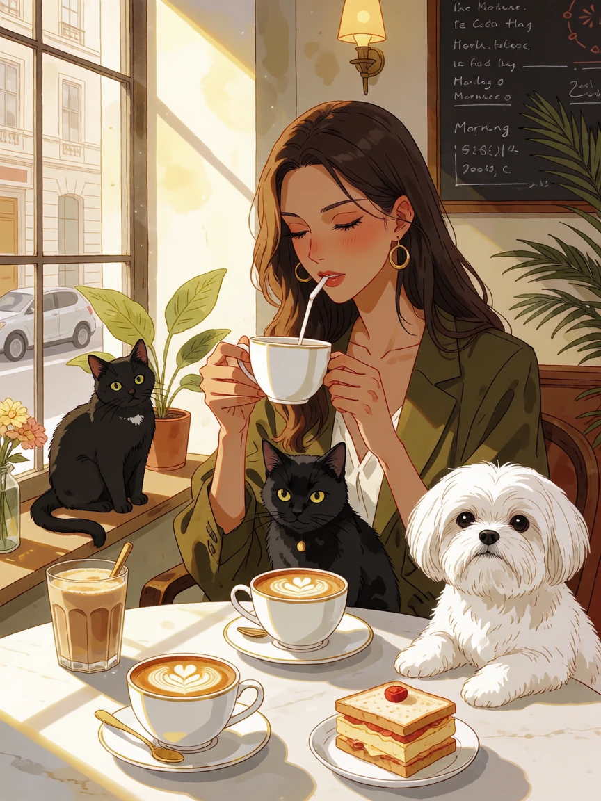 Beautiful, crazy morning scene in a café with animals and fancy coffee and beautiful sunlight. Woman with her cat and Maltese.