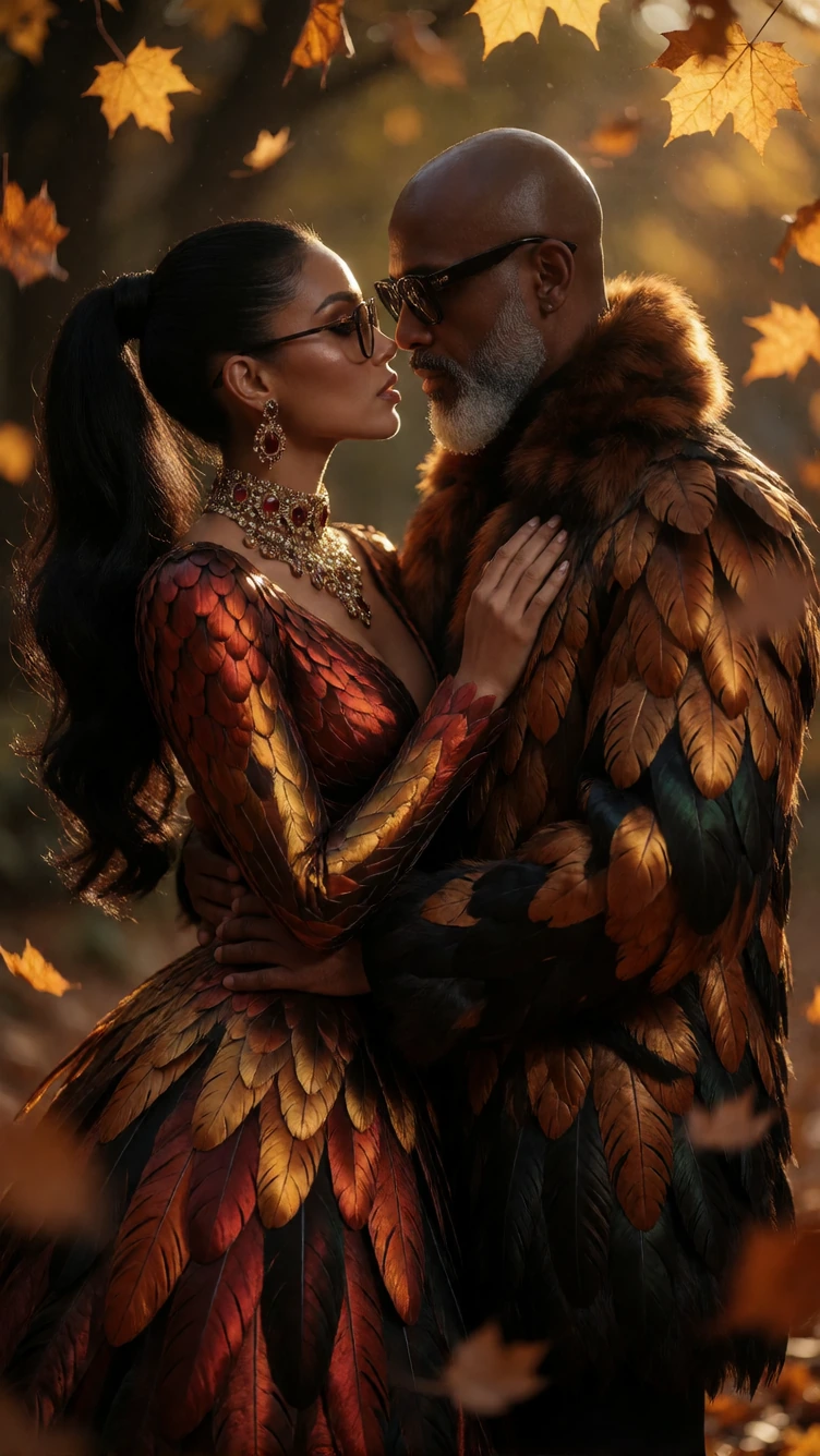 Photorealistic cinematic editorial portrait, vertical. A striking couple embracing in a breathtaking feather fashion masterpiece, celebrating love, st
