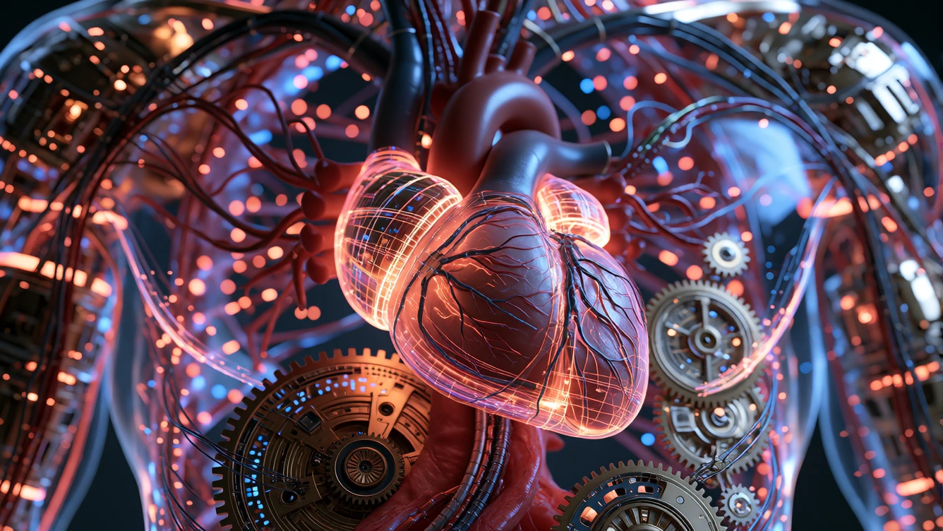A pulsating human heart with glowing metallic components and intricate wiring integrates seamlessly within a translucent chest cavity, where crimson o