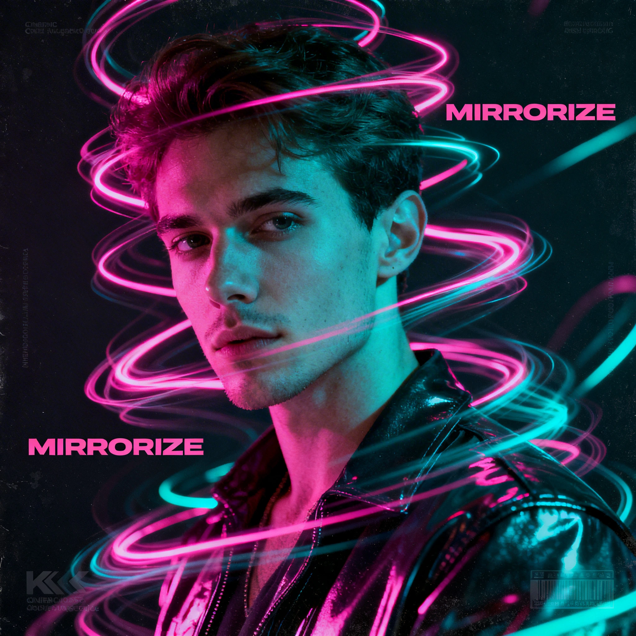A bold album cover design combining hyper-realistic photography with abstract vector energy waves wrapping around the subject. Neon magenta and cyan complementary palette with high contrast and glow effects. Dynamic composition with layered depth and
