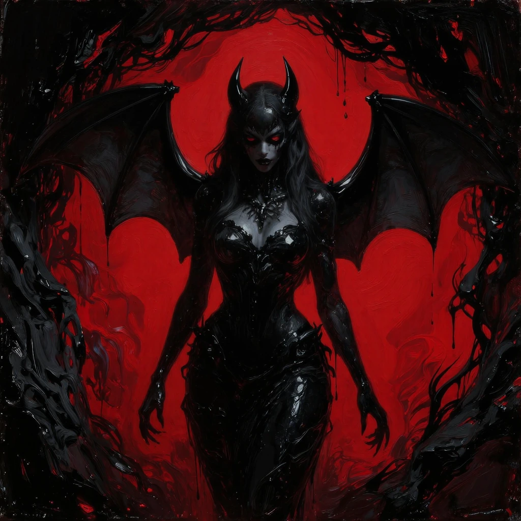 A batqueen, a female human-like scary woman looking like a bat, the background is a dark cave with dark red accents
