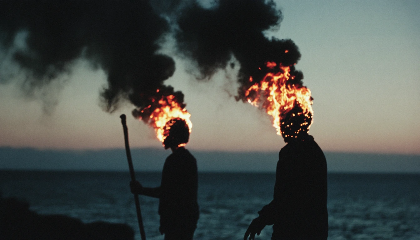 # Burning Heads Two silhouetted figures stand against a twilight sky, their heads engulfed in roaring flames. Black smoke billows upward in thick, tur