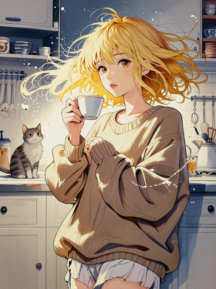 Beautiful woman blonde hair in the kitchen in the morning light, cat and coffee, earth tones, big sweater
