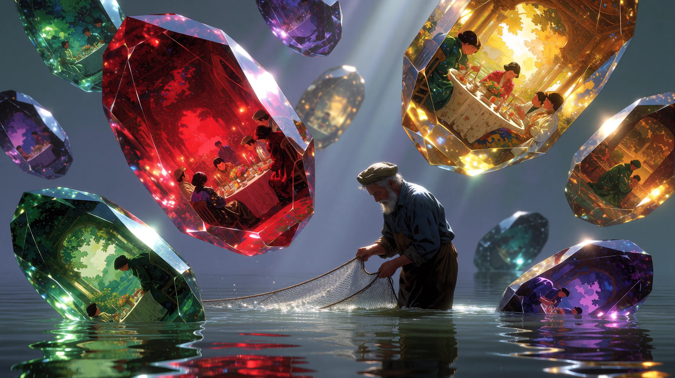 An old fisherman stands waistdeep in still water casting a net into a fractured crystal realm where gravity pulls sideways and upward in impossible an