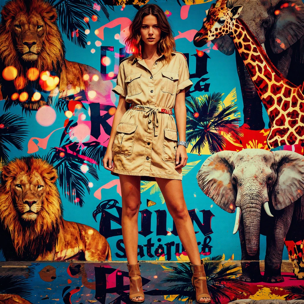 Urban Safari: Khaki shirt dress with large pockets, summer ankle boots or sandals, stainless steel watch Lion . antelope, giraffe . elephant . Ville D