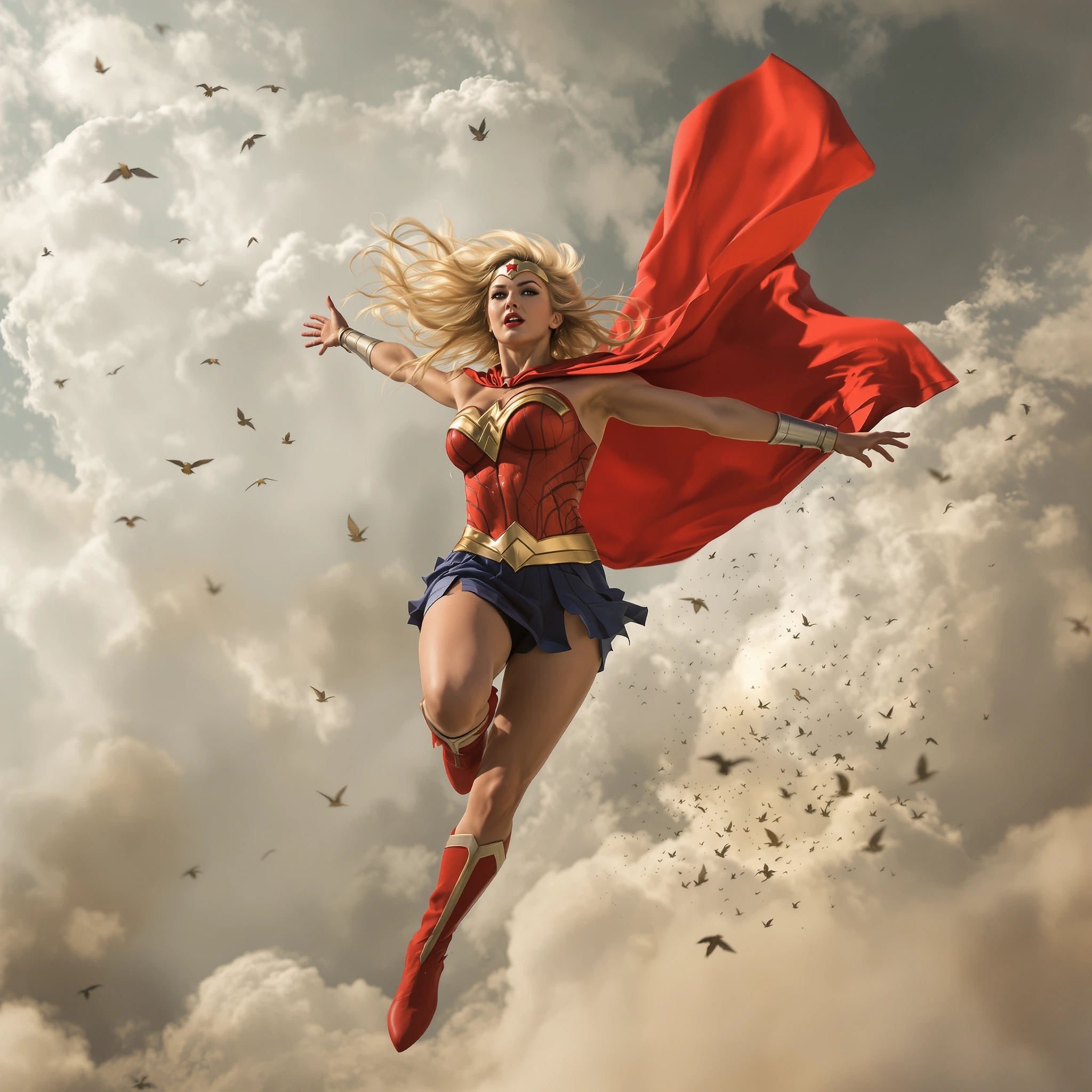 masterpiece, best quality,score_7, aesthetic, solo, superwoman red skirt, red cape, blonde, superhero, flying, clouds, birds, limited palette, intense expression, dynamic pose, dramatic lighting, strong depth of field, wind-blown hair, torn fabric, g