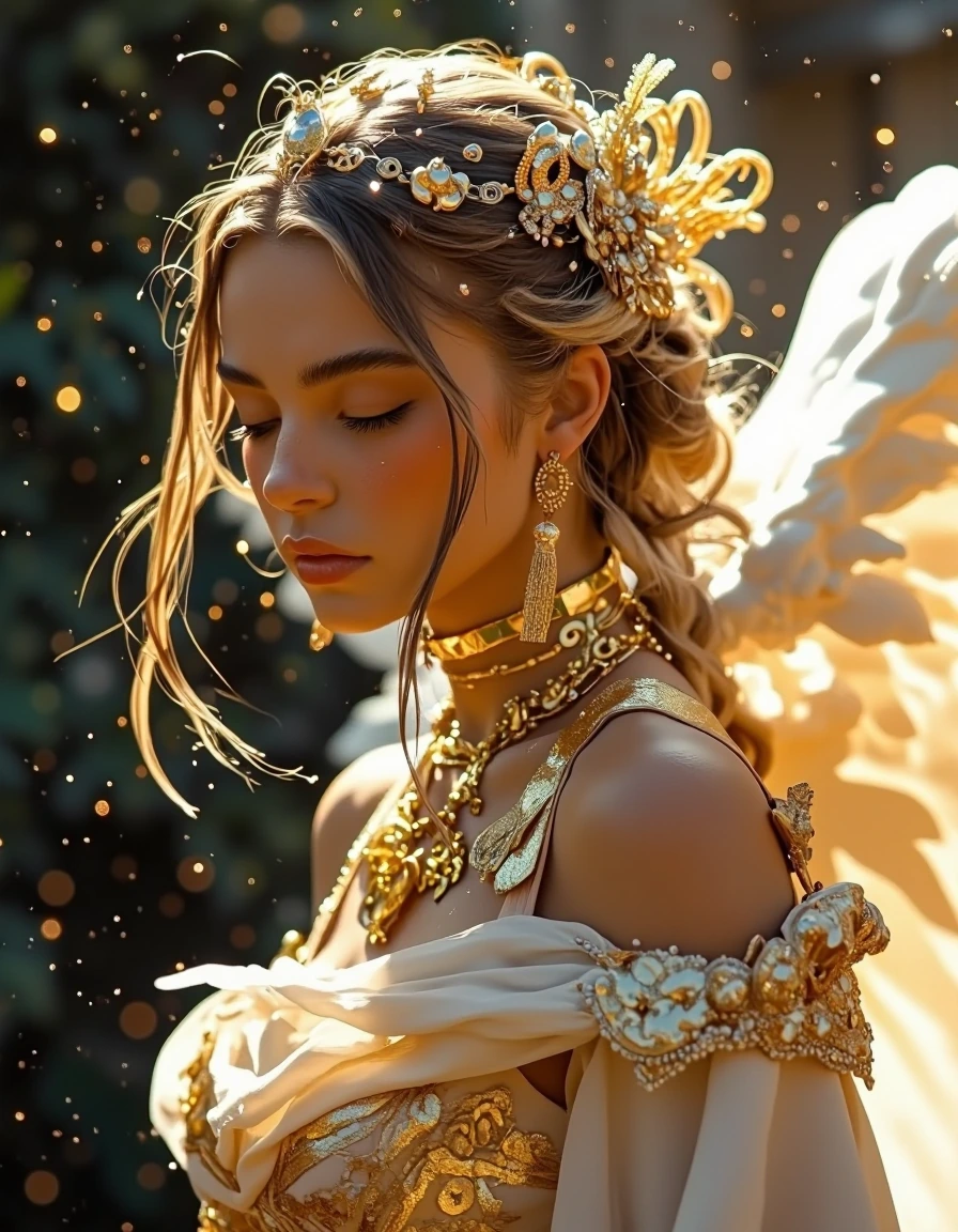 { "visual_elements": { "background": { "atmosphere": "ethereal and mystical", "color": "dark with specks of light", "elements": "subtle golden sparkles" }, "color_palette": { "accent_colors": [ "translucent light gold", "soft sparkles" ], "dominant_c