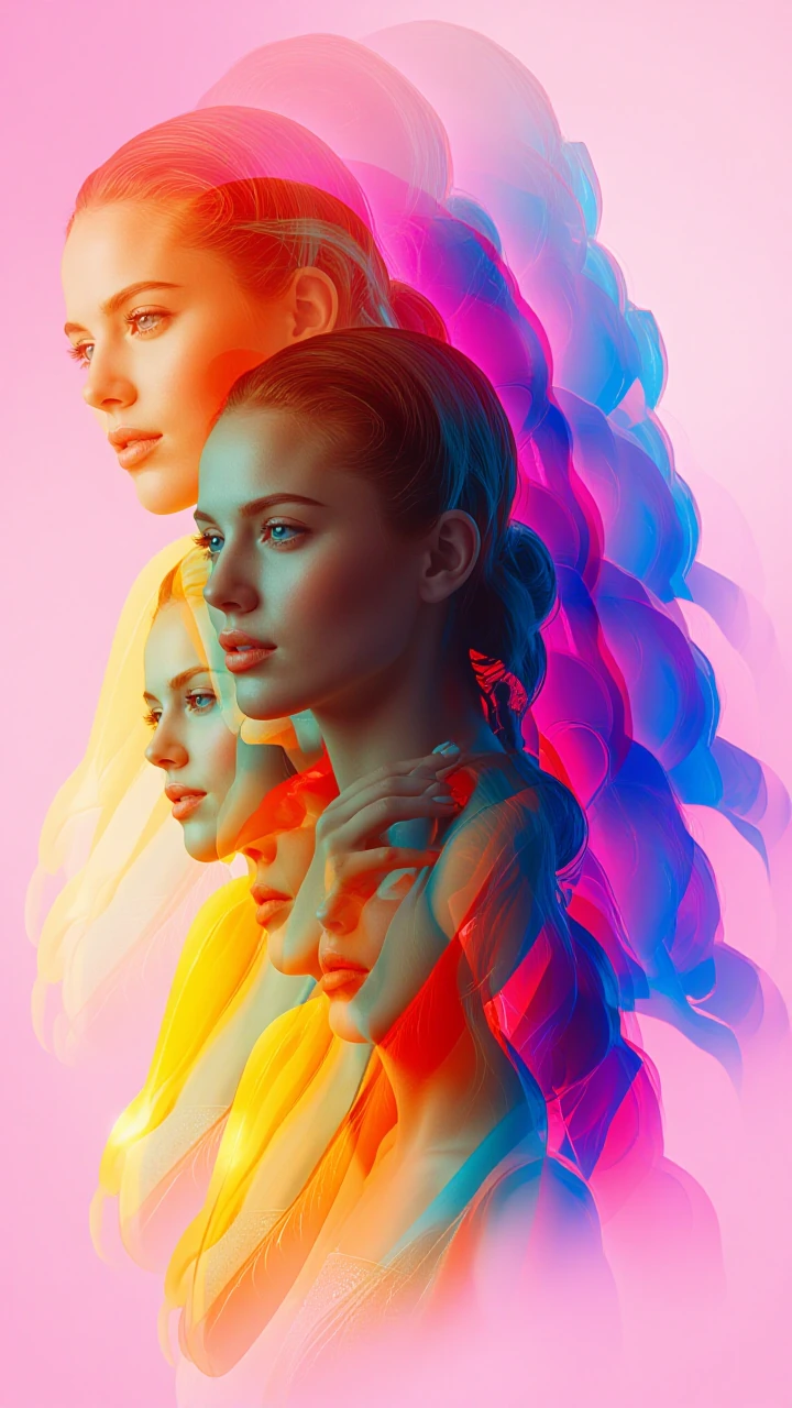 Surreal ethereal portrait of a beautiful young white woman with fair porcelain skin, delicate symmetrical facial features, high cheekbones, soft jawline, and full lips. She has dark brown hair slicked back into a neat low bun. The image is composed o