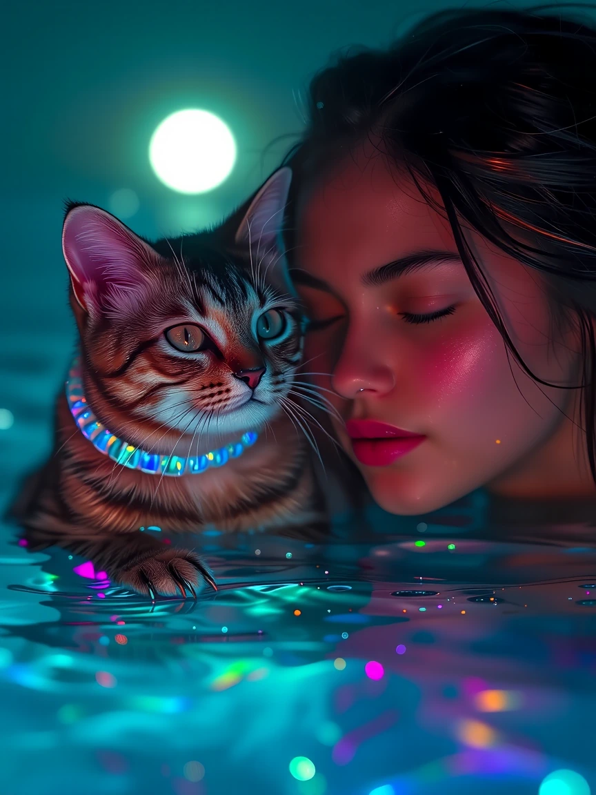 Beautiful iridescent cat with a beautiful woman by the ocean at night. Moonlight.
