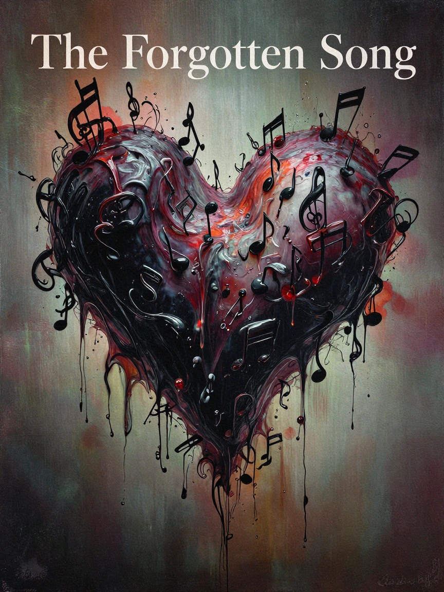 A surreal abstract composition where musical notes dissolve and contort into an unsettling, organic mass—some notes melting, others twisted backwards or inverted—rendered in sickly, nauseating colors (bruised purples, sallow greens, muddy oranges) th