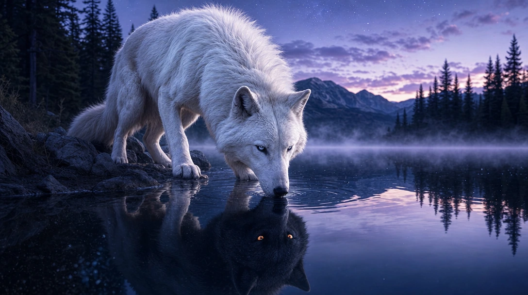 Capture a mythical albino wolf crouched at the glassy edge of a still mountain lake at twilight, its pure white fur shimmering with an ethereal luminescence, each strand catching the last pale violet light of dusk. The wolf leans forward to drink, mu