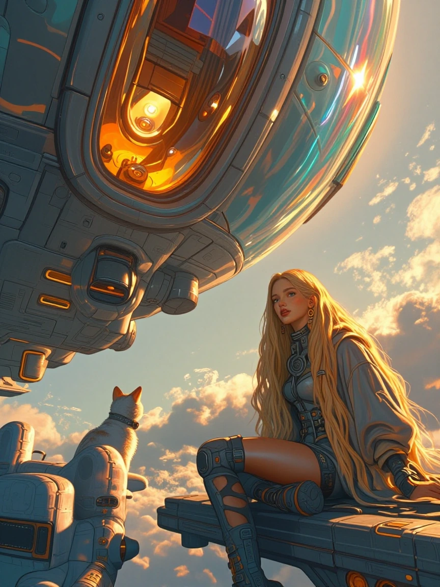 Aliencore, Beautiful dreamy, iridescent alien ship in the sky. A gorgeous woman alien with her cat are being beamed down to earth.