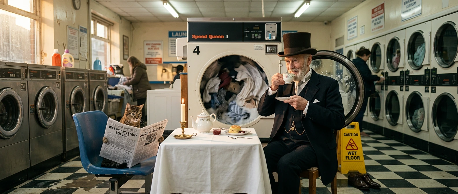 Capture a hyper-realistic photograph of an elderly Victorian-era gentleman in a pristine tailored suit calmly sipping tea at a white linen table, completely unbothered, while seated inside a bustling laundromat washing machine — the glass porthole do